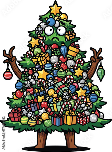 Funny cartoon Christmas tree with snowman illustration