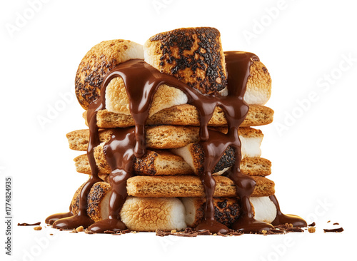 S'mores Tower: A tempting stack of toasted marshmallows and graham crackers, drizzled with rich, decadent chocolate, inviting a moment of pure indulgence.