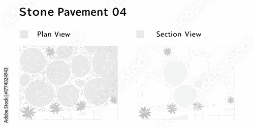 Architectural illustration of a stone pavement design with plan and section views and decorative elements