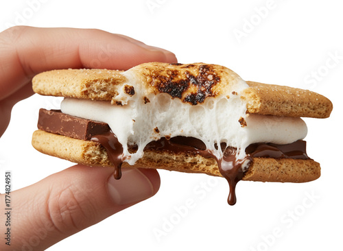 Sweet S'more Delight: A close-up view of a perfectly toasted S'more, held in hand, showcasing gooey, melted marshmallow, rich chocolate, and crispy graham cracker