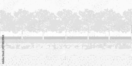 Stylized graphic illustration of a row of trees with a textured background and stone wall detail