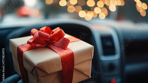 A holiday gift box adorned with a red ribbon rests on a car seat during a festive road trip