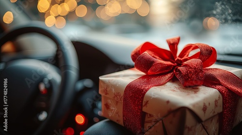 A holiday gift box adorned with a red ribbon rests on a car seat during a festive road trip
