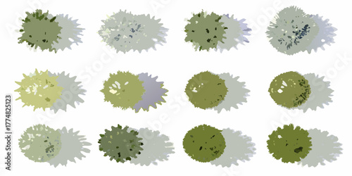 Collection of twelve stylized top down view trees with distinct foliage colors and cast shadows