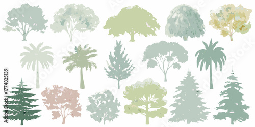 Collection of stylized watercolor trees in various shapes and muted green and pastel colors