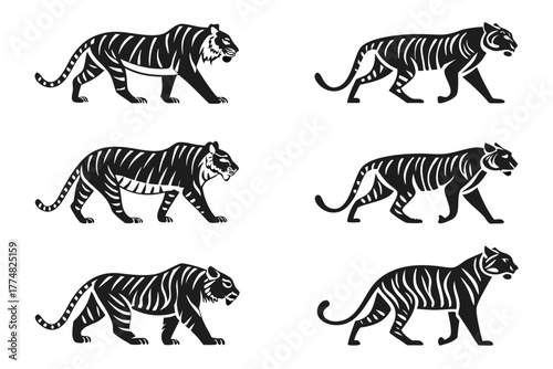 Minimalist bengal tiger icon set with animal and nature elements
