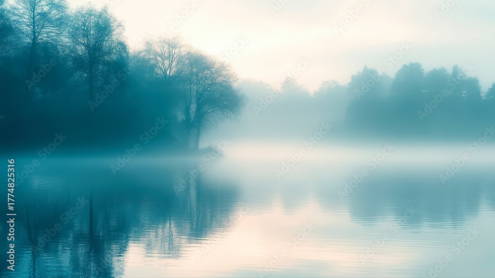 Fototapeta premium Quiet morning fog over the serene lake