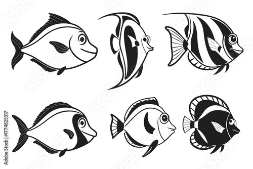 Minimalist blue tang fish icon set with vibrant colors