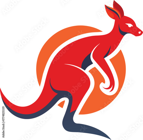 Illustration of a stylized kangaroo with a vibrant orange sun in the background, symbolizing australia, wildlife, and the spirit of adventure