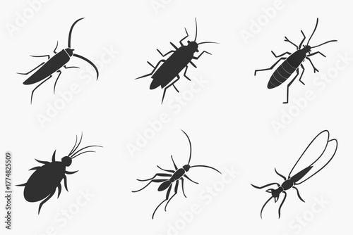 Eight minimalist caddisfly icons in black and color