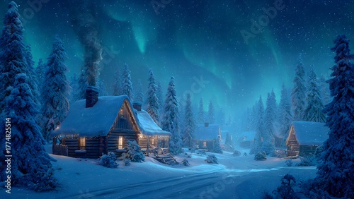Christmas in Nature in snow forest, wooden cabin, glowing lights, pine trees, northern lights