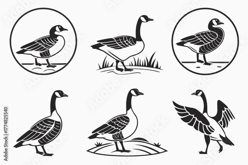 Minimalist canada goose icons set in black yellow cyan magenta