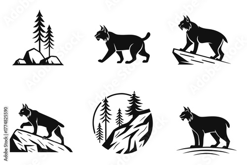 Minimalist canadian lynx icon set with animal and nature elements