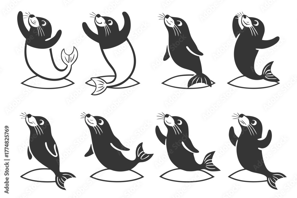 Naklejka premium Minimalist baby seal waving icon set