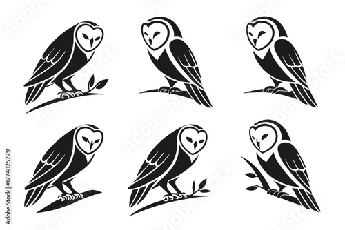 Minimalist barn owl silhouette icon set