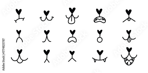 Hand drawn doodle pet mouth. dog or cat face with tongue hanging out set template. Dog tongue outline lick mouth and nose. Happy pet face with open mouth. 