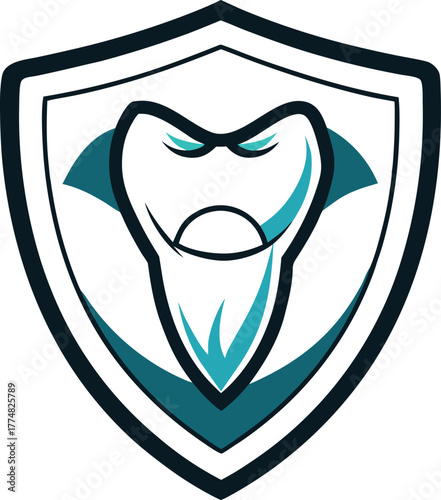 A fierce tooth superhero emblem, featuring a stylized tooth with a cape and shield, symbolizing dental protection and strength, , perfect for dental clinics