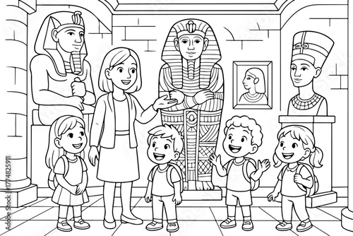 hand drawn vector illustration of Grand Egyptian Museum coloring page for kids