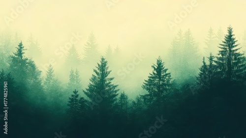 Misty forest landscape at dawn in soft light