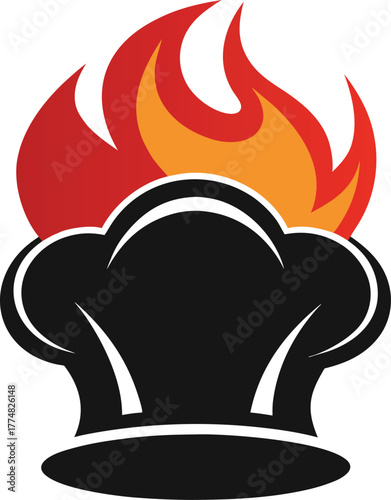 A chefs hat engulfed in flames, symbolizing culinary passion and expertise, it represents hot cuisine, cooking skills, and the art of gastronomy