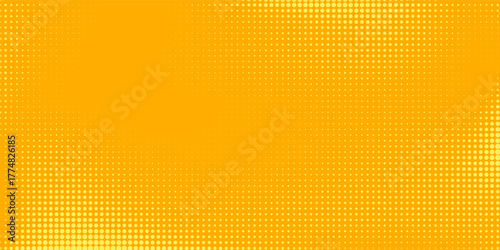 Yellow halftone pattern. Retro comic gradient background. Bright orange pixelated dotted texture overlay. Cartoon pop art faded gradient pattern. Vector backdrop for poster, banner, advertisement