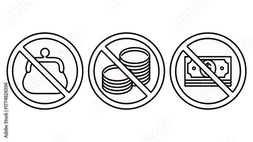 No money allowed icons representing restrictions on cash coins and purses in a crossed circle signifying prohibition and financial regulations concept