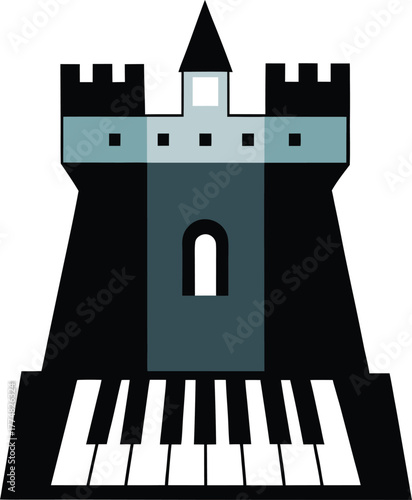 A creative logo features a castle tower with piano keys, symbolizing music and architecture, it represents artistic expression and innovation