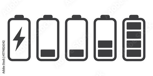 Battery Level Indicators Representing Power Consumption and Charging Status for Modern Devices and Technological Applications