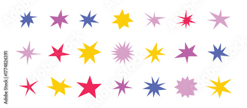 Sharp stars shapes set. Bright irregular sparks, colorful twinkles. Abstract edgy sparkle and stars elements pack. Asymmetry forms
