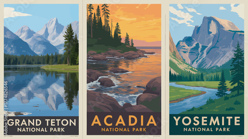 Vintage National Park Travel Posters featuring Grand Teton Acadia and Yosemite showcasing scenic landscapes and natural beauty for travel enthusiasts and nature lovers