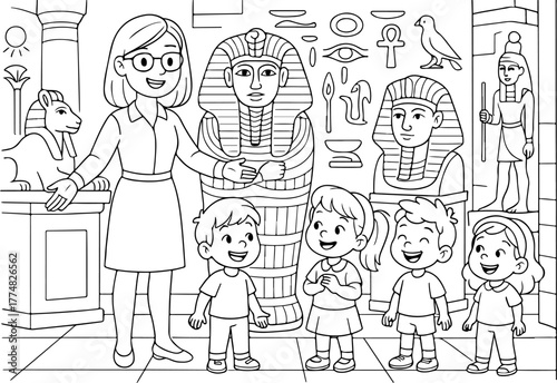 hand drawn vector illustration of Grand Egyptian Museum coloring page for kids