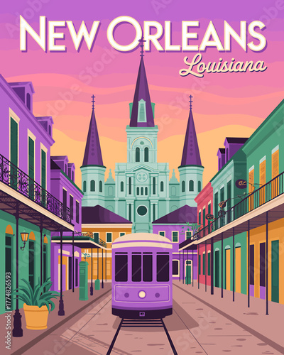 Vibrant New Orleans Travel Poster with Streetcar and Cathedral Illustration Capturing Louisiana Charm