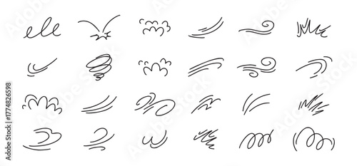 Doodle line wind moving set. Breath of the typhoon. Flat wind moves Vector isolated illustration