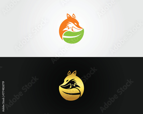 Orange fox and green leaf logo on vector template white and gold fox logo on black animal nature