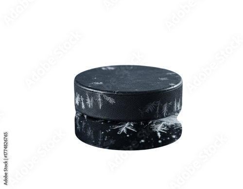 Puck Perfection: A solitary hockey puck rests, exuding an aura of readiness and anticipation. Representing the spirit of competition and the allure of ice hockey