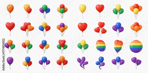 A vibrant collection of 3D rendered balloons in various shapes, colors, and arrangements, including single, heart-shaped, and rainbow pride designs.
