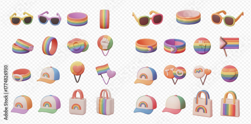 A vibrant collection of 3D rendered pride accessories, including rainbow sunglasses, hats, bracelets, bags, pins, and lollipops, celebrating LGBTQ+ diversity and inclusion.