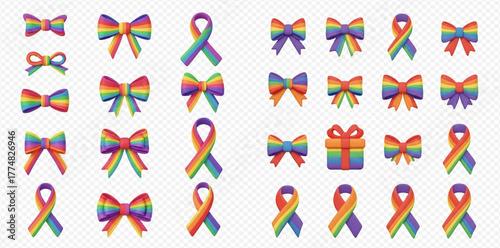 A vibrant collection of rainbow-colored bows, decorative ribbons, and a single gift box, symbolizing pride and celebration.