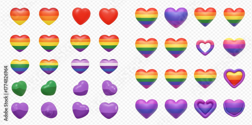 Collection of diverse 3D heart icons in various colors and pride flag designs.