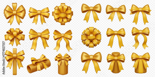 A collection of various golden bows and decorative ribbons in different styles, perfect for gift wrapping and festive occasions.