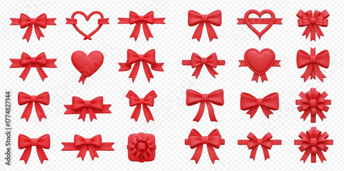 A comprehensive collection of various red bows and heart-shaped decorative elements for gifts and celebrations on a transparent background.