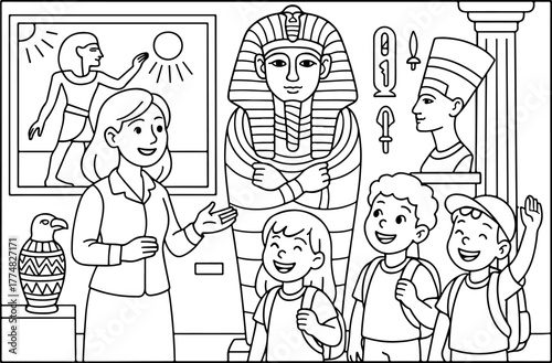 hand drawn vector illustration of Grand Egyptian Museum coloring page for kids