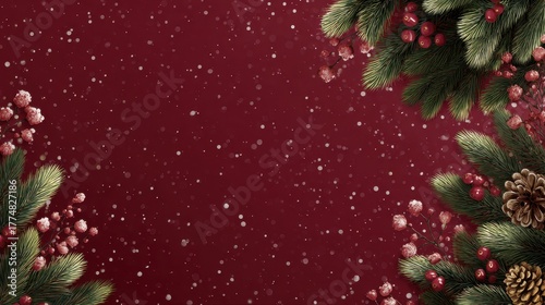 Festive Winter Wonderland: A seasonally appropriate visual filled with a combination of evergreen branches and vibrant berries, all set against a rich, festive red background.