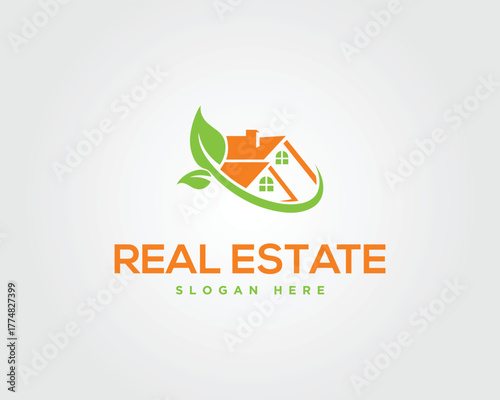 Orange house with green leaf logo and real estate text vector template home