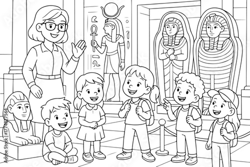 hand drawn vector illustration of Grand Egyptian Museum coloring page for kids