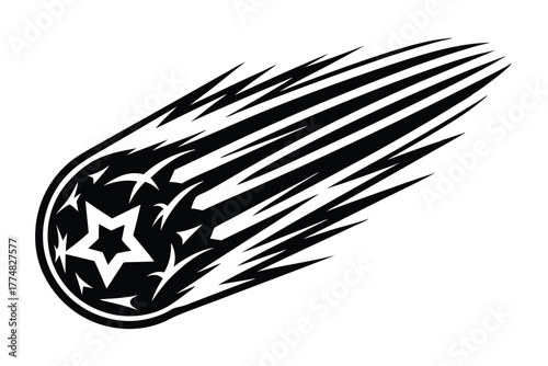 Bold star within a meteor with pointed tail streaks moves from left to right