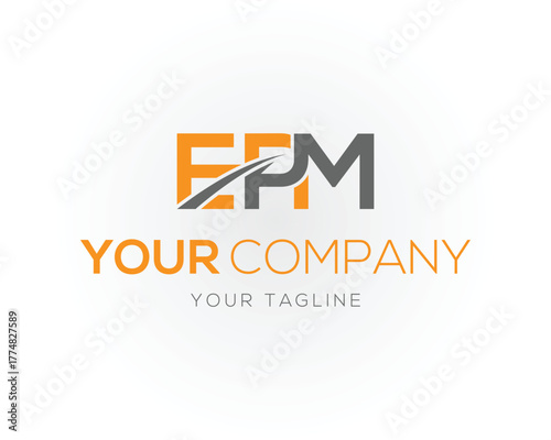 Orange gray E P M letters with swoosh and company tagline vector template logo graphic