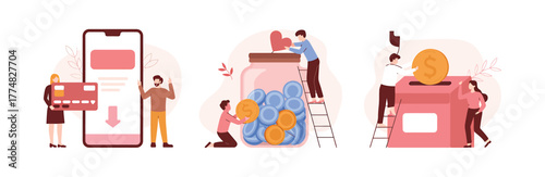 People donating money online via smartphone and in a jar