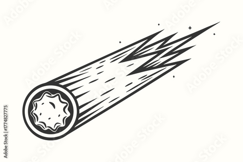 Black and white line art shows a comet streaking across the sky with stars