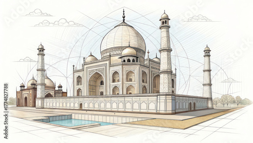 An architectural drawing style illustration of the Taj Mahal with structural lines